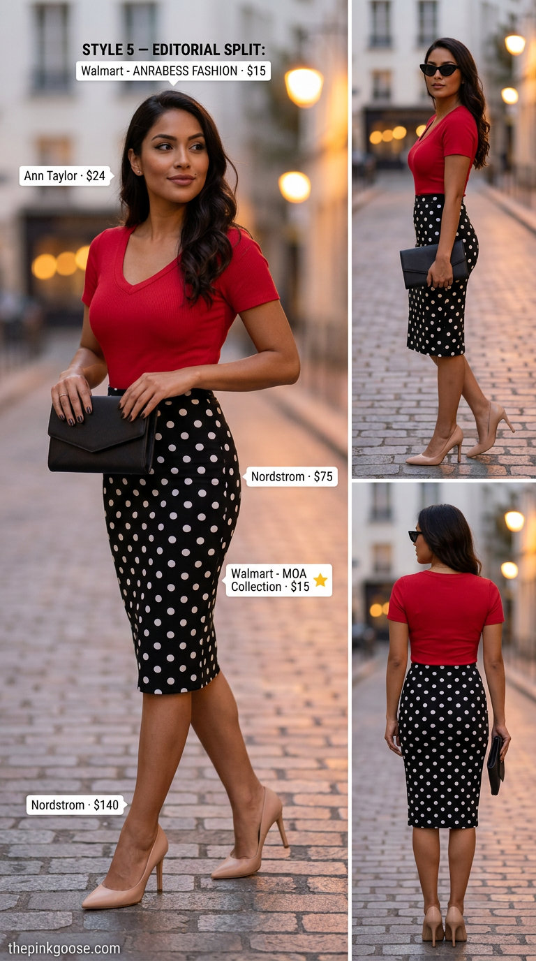 Classic summer polka dots outfits for women 2026: Black & white polka dot pencil skirt, red top, nude pumps, clutch.