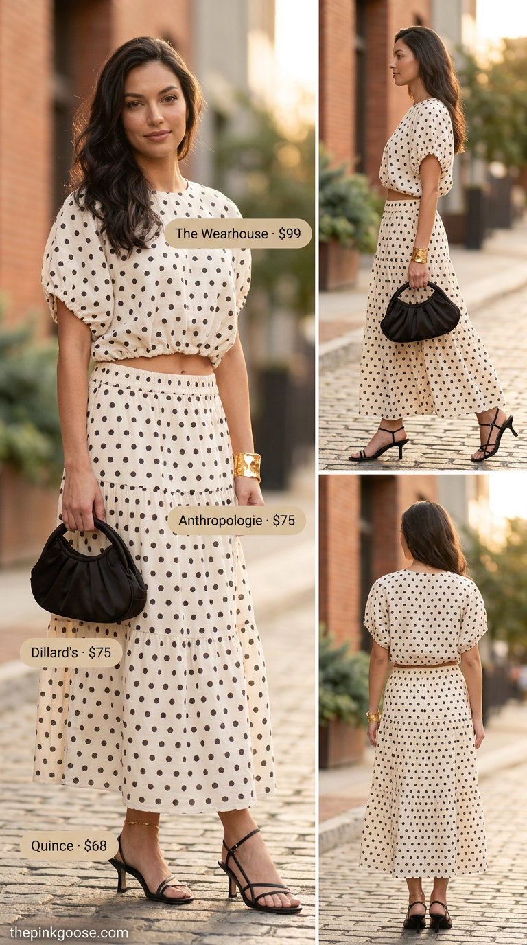 Classic summer polka dots outfits for women 2026: Elegant black & cream polka dot skirt set with a midi skirt and crop top for cocktail hour.