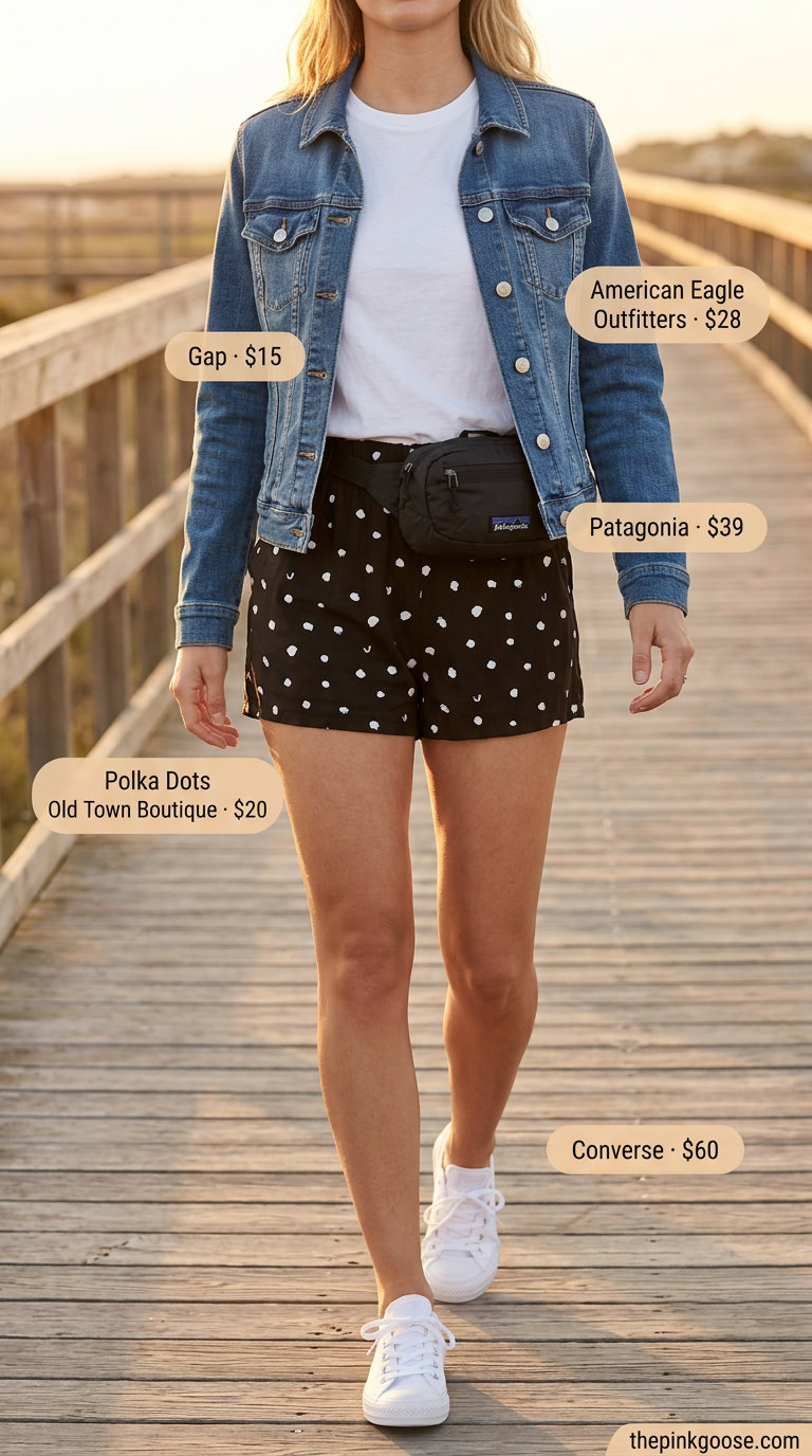 Classic summer polka dots outfits for women 2026: Black & white polka dot shorts, white tee, denim jacket, belt bag, sneakers.