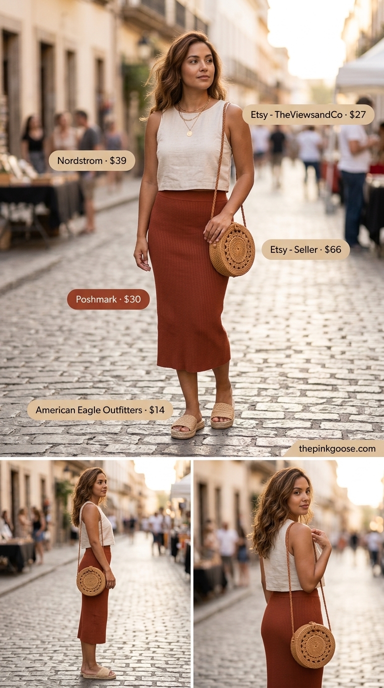 Comfy oversized summer outfits for women 2026: Terracotta knit midi skirt, cream tank, straw bag, gold necklaces.