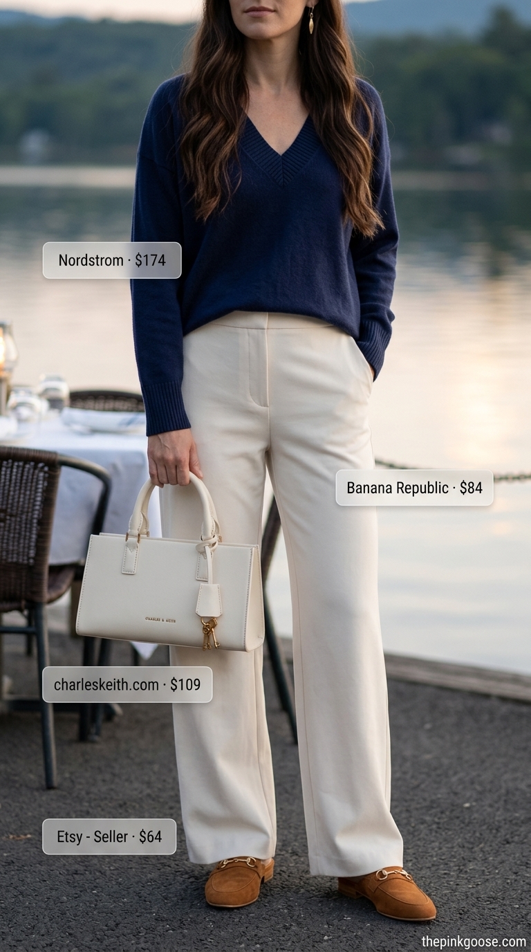 Comfy oversized summer outfits for women 2026: Navy sweater, cream wide leg trousers, suede mules.