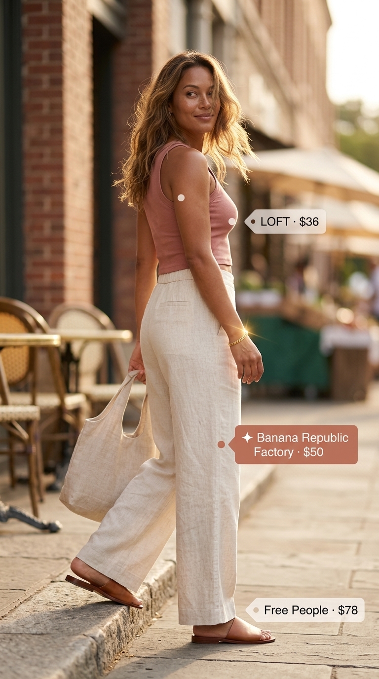 Comfy oversized summer outfits for women 2026: Linen pants, peach tank, straw tote, gold bracelet.