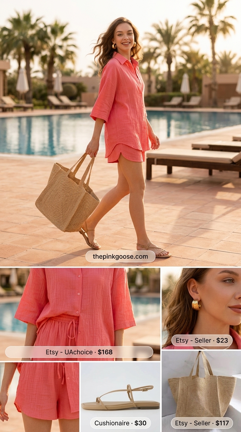 Comfy oversized summer outfits for women 2026: Coral linen set, raffia tote, gold earrings.