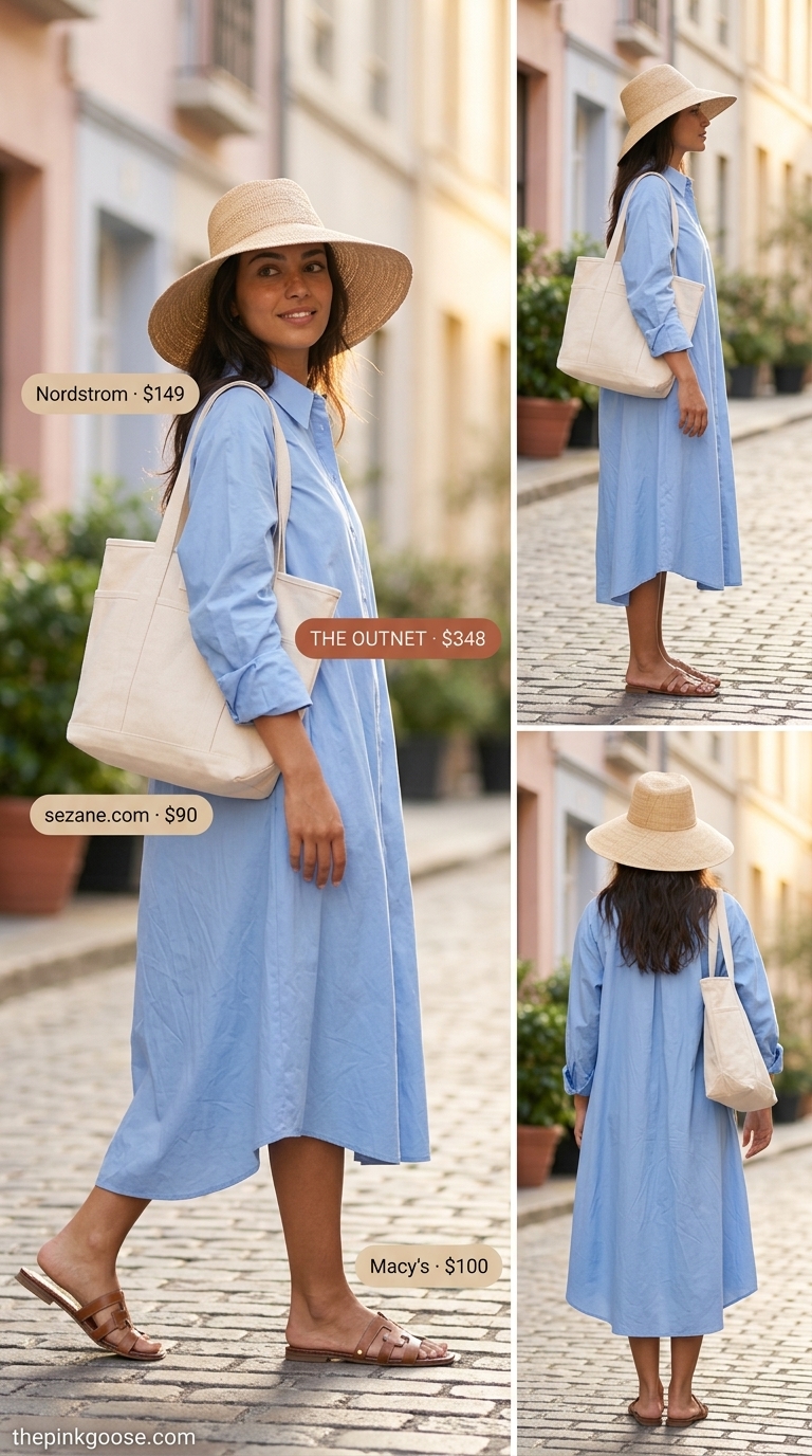 Comfy oversized summer outfits for women 2026: Sky blue oversized shirt dress, straw hat, tan sandals.
