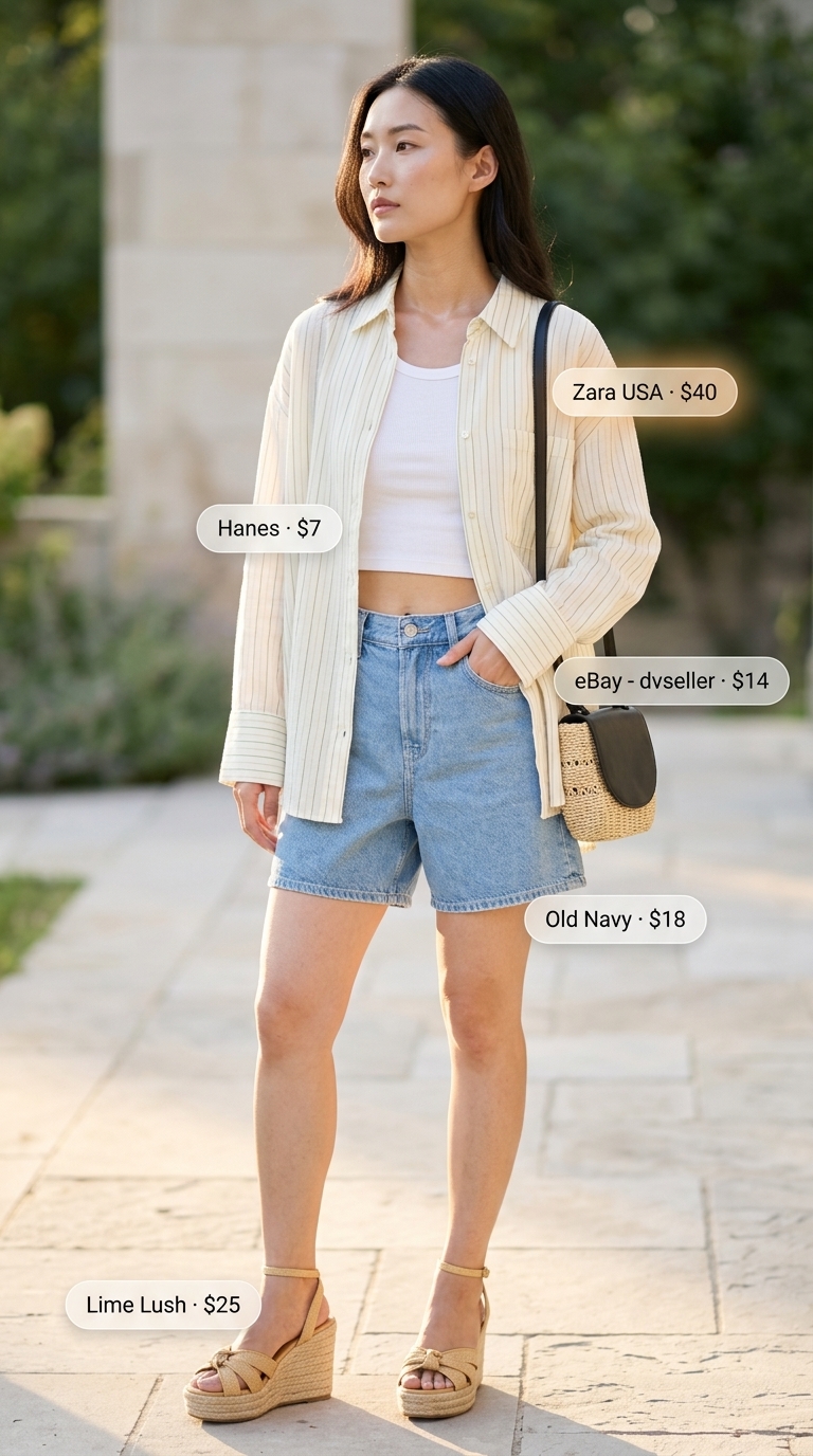Comfy oversized summer outfits for women 2026: Yellow oversized shirt, denim shorts, straw bag, espadrilles.