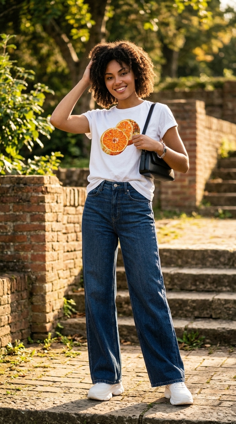 Comfy oversized summer outfits for women 2026: Wide leg jeans, graphic tee, chunky sneakers, shoulder bag.