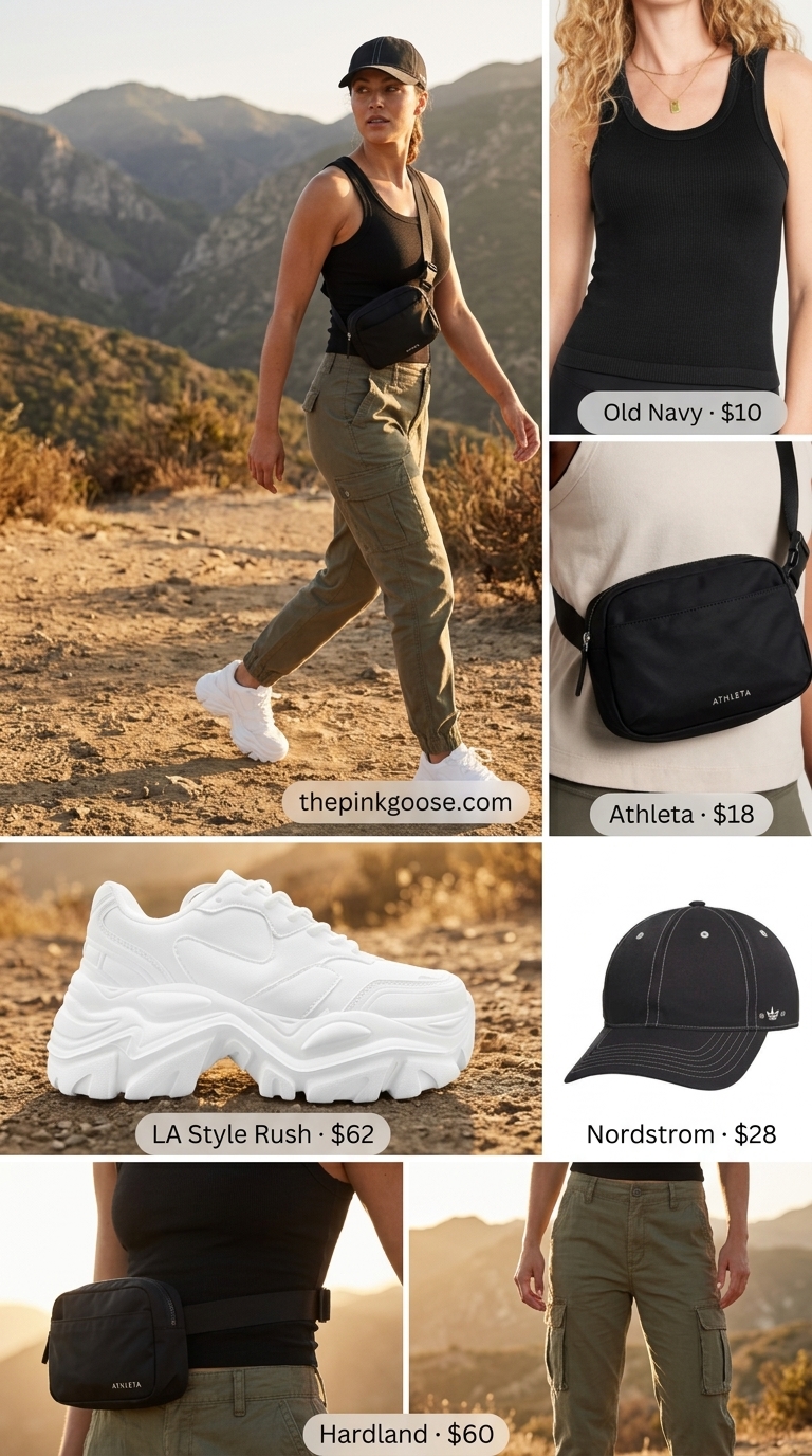 Comfy oversized summer outfits for women 2026: Khaki cargo pants, fitted tank, chunky sneakers for outdoor fun.