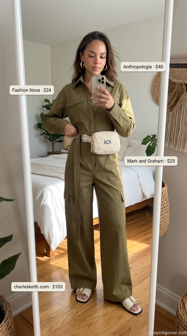 Comfy oversized summer outfits for women 2026: Olive green utility jumpsuit, canvas bag, gold hoops for an artistic vibe.
