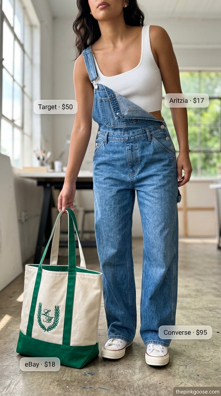 Comfy oversized summer outfits for women 2026: Denim overalls, white tank, canvas sneakers for a playful studio look.