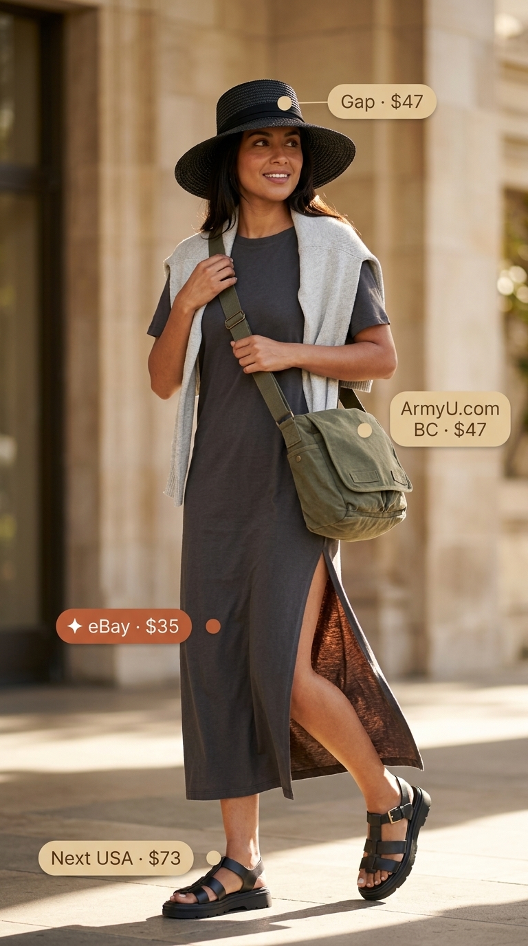 Comfy oversized summer outfits for women 2026: Charcoal grey maxi dress for art gallery day with olive green bag.