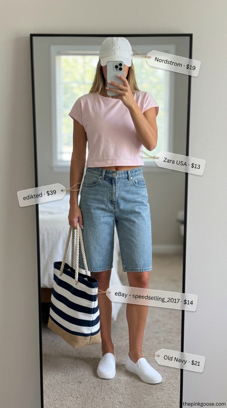 Comfy oversized summer outfits for women 2026: Light wash denim shorts with pastel pink crop tee for lakeside.