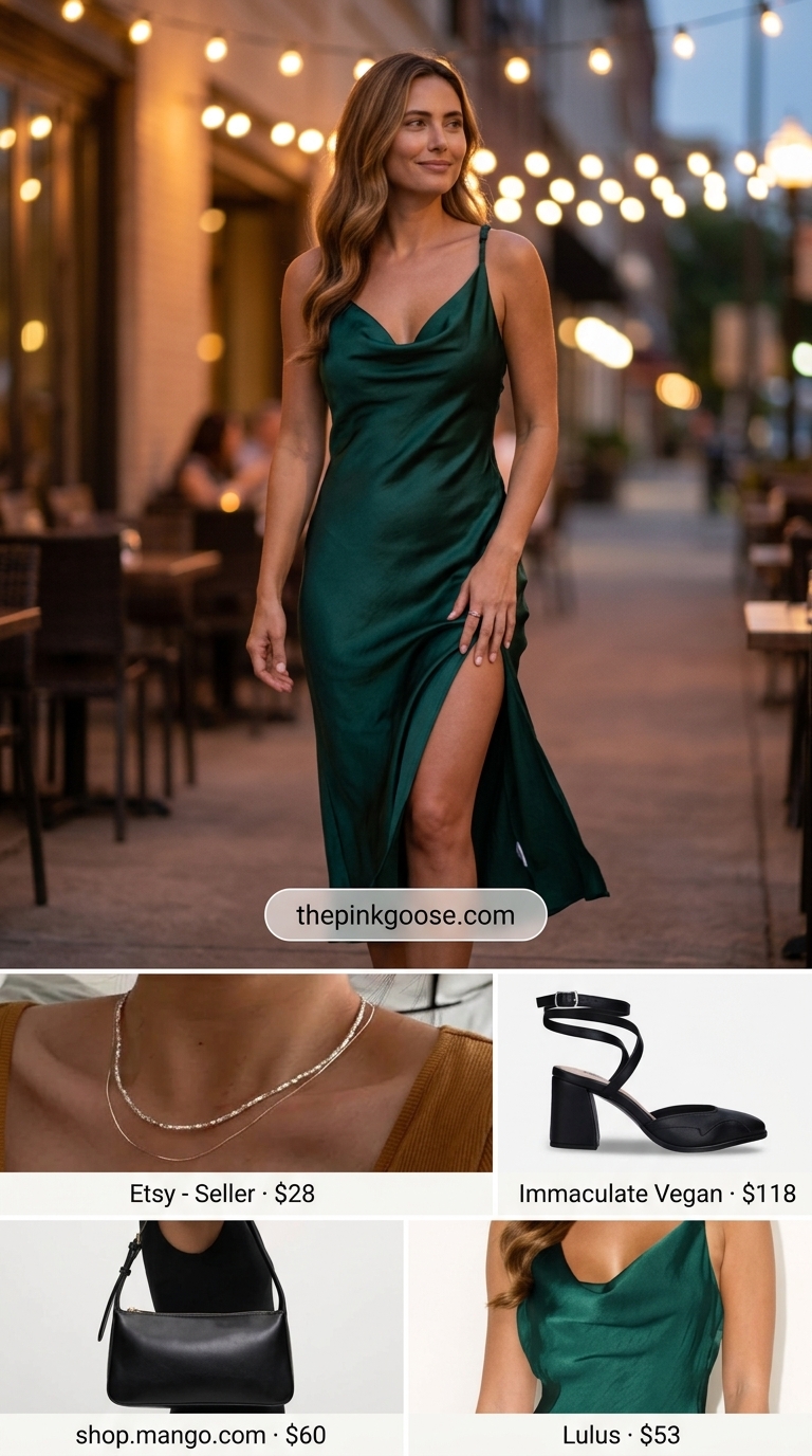 Comfy oversized summer outfits for women 2026: Emerald green satin slip dress, black sandals for date night.