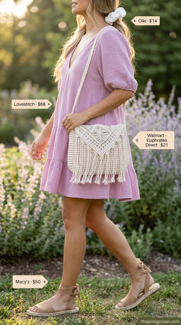 Comfy oversized summer outfits for women 2026: Lavender babydoll dress, espadrilles, woven bag for a garden party.