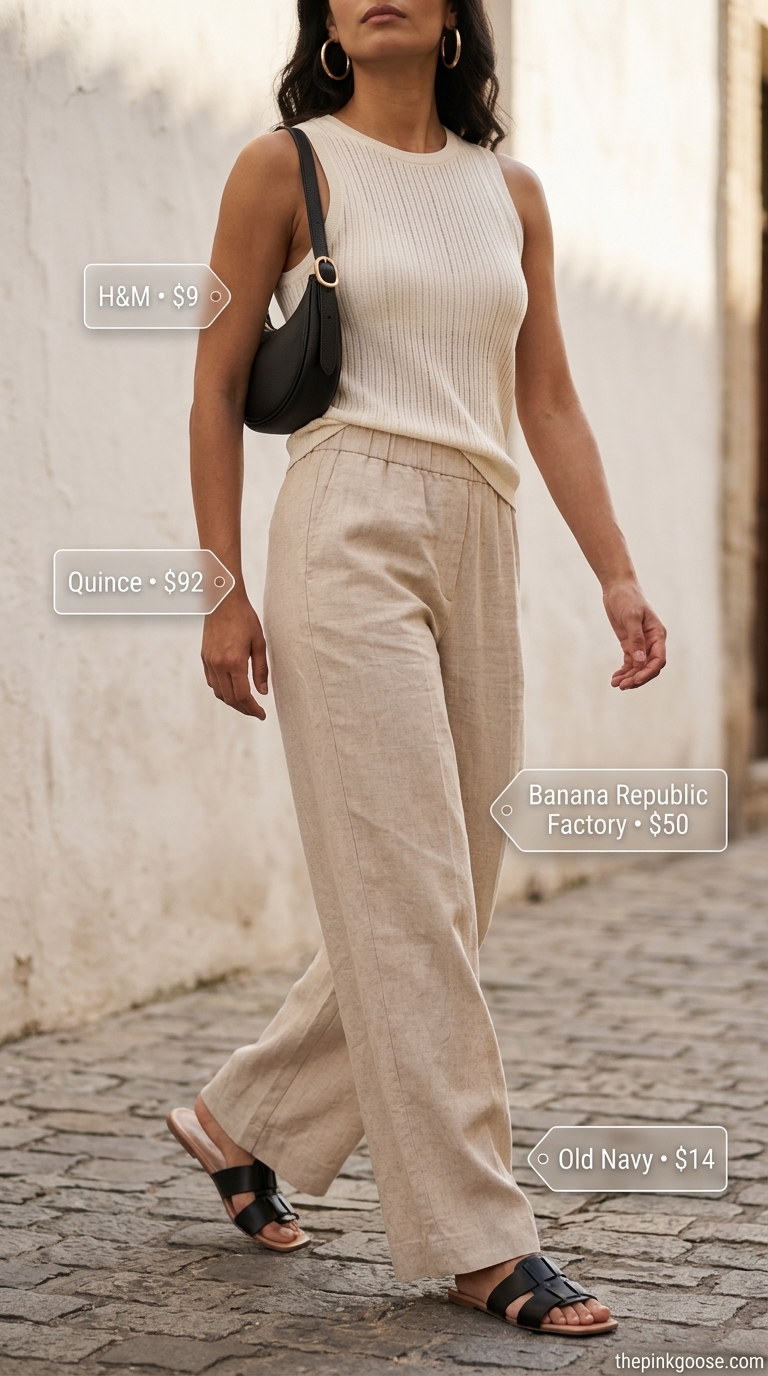 Comfy oversized summer outfits for women 2026: Beige linen trousers, cream tank, black accessories for a relaxed look.
