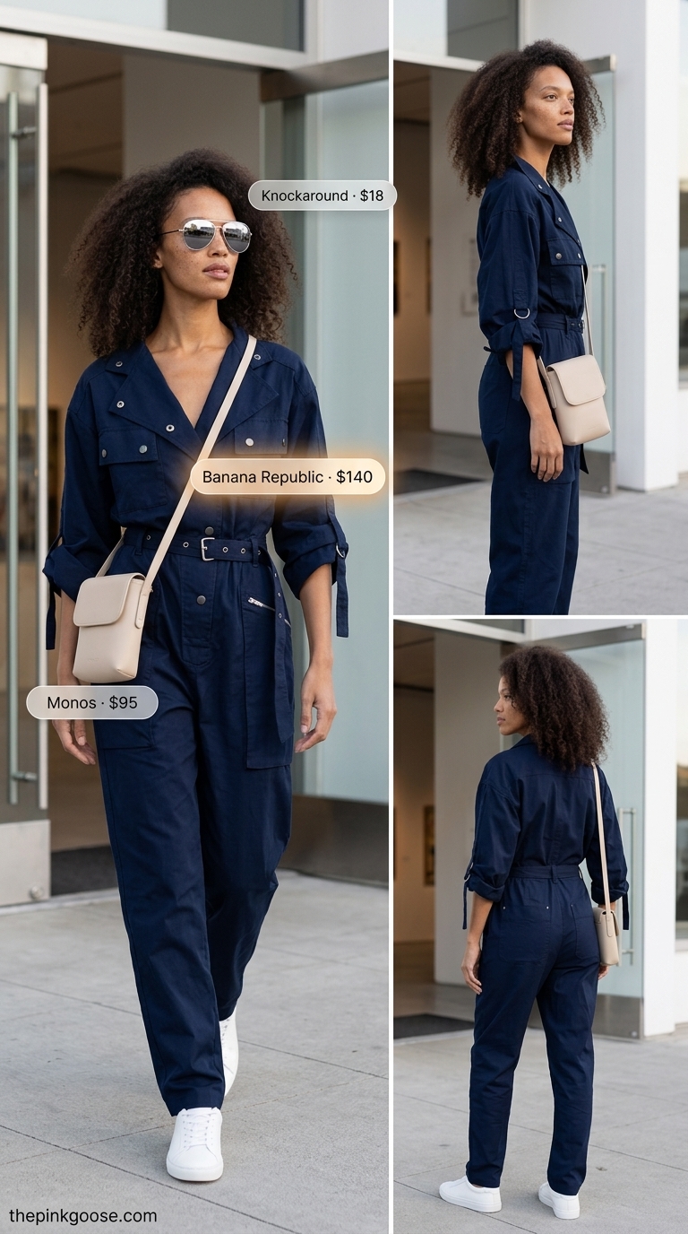 Comfy oversized summer outfits for women 2026: Navy blue utility jumpsuit for a day trip with white sneakers.