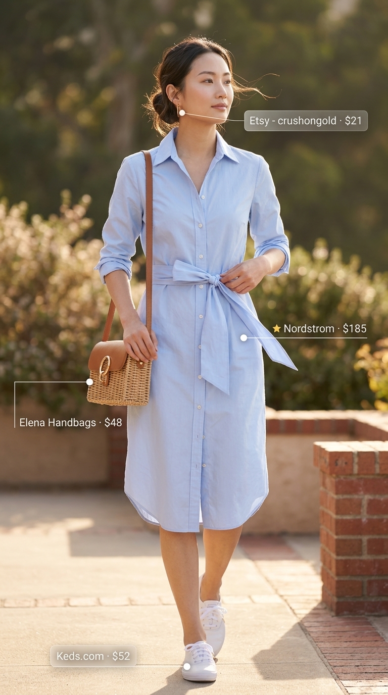 Comfy oversized summer outfits for women 2026: Sky blue shirt dress, white sneakers, woven bag for a relaxed day.