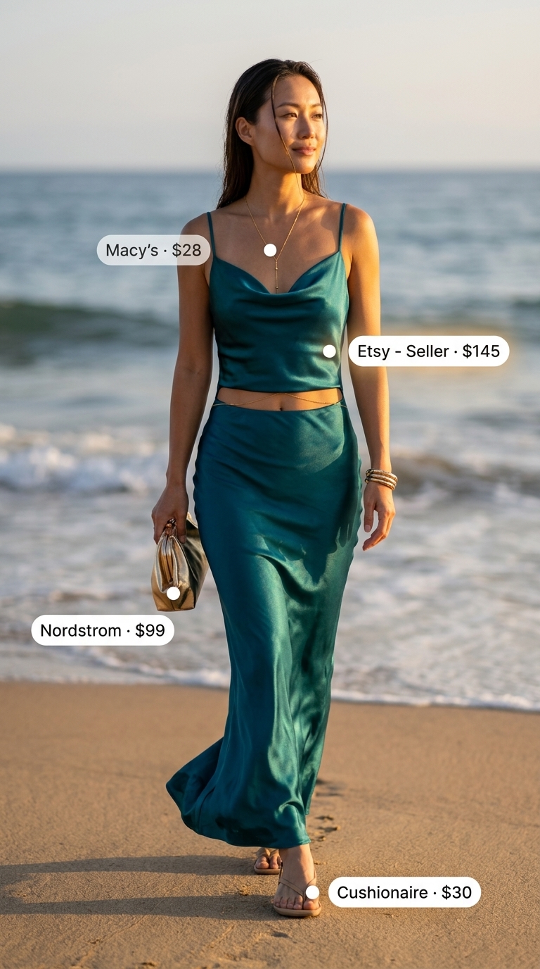 Comfy oversized summer outfits for women 2026: Deep teal satin slip dress for sunset beach walk with gold accessories.