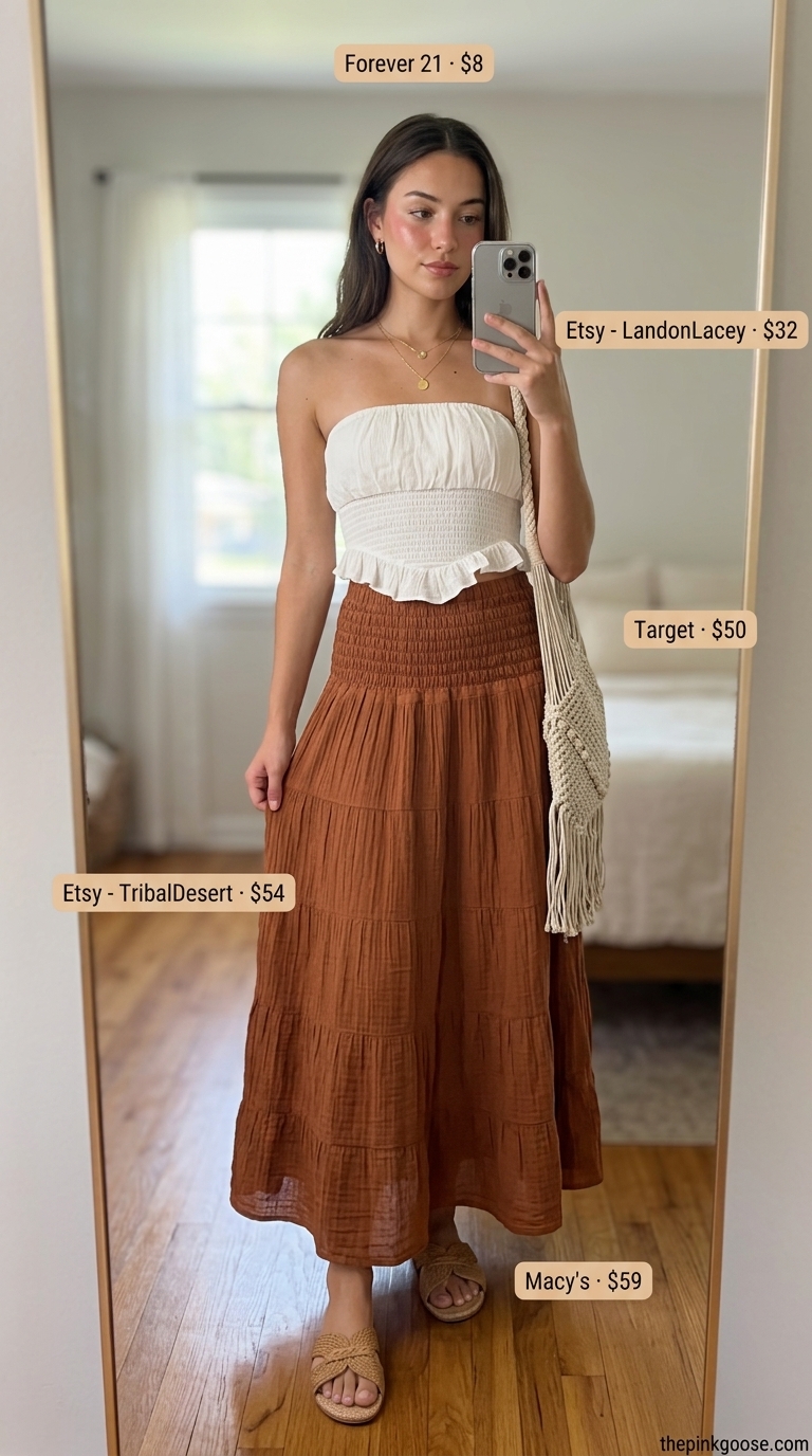 Comfy oversized summer outfits for women 2026: Terracotta tiered maxi skirt with ivory crop top for garden party.