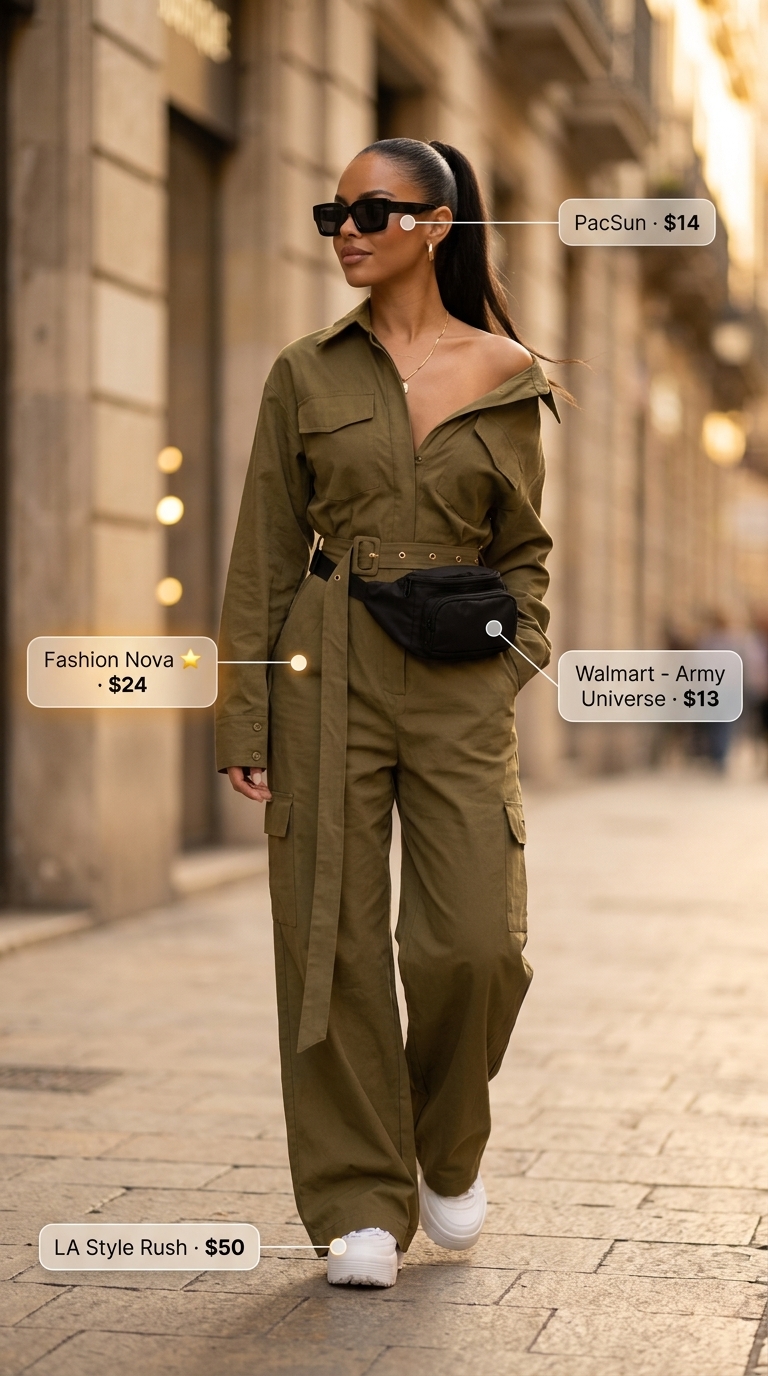 Comfy oversized summer outfits for women 2026: Khaki green utility jumpsuit, black accessories, white sneakers for city sightseeing.