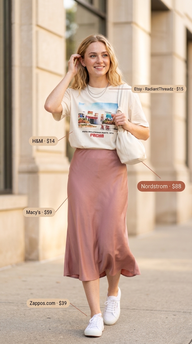 Comfy oversized summer outfits for women 2026: Graphic tee, slip skirt, sneakers for vintage market shopping.