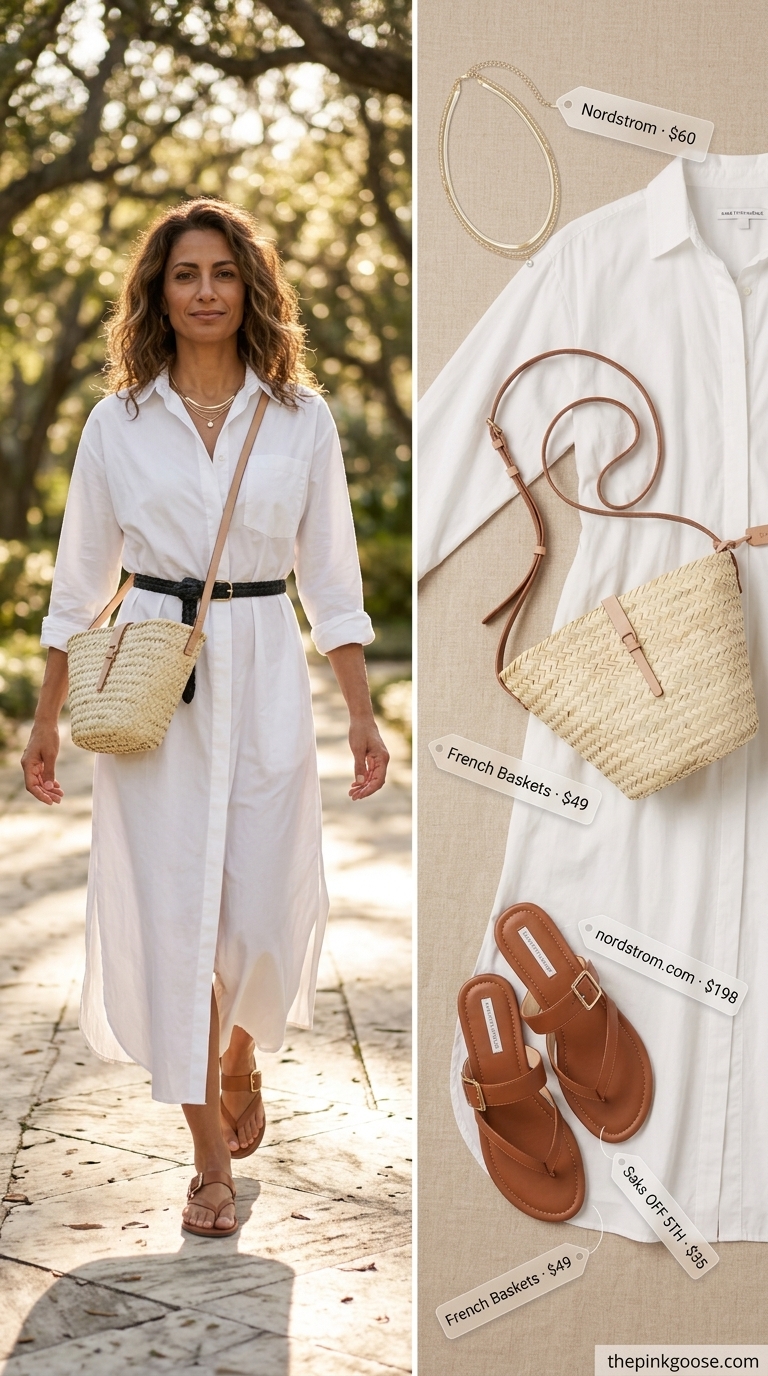 Comfy oversized summer outfits for women 2026: Crisp white shirt dress for resort wear with tan sandals.