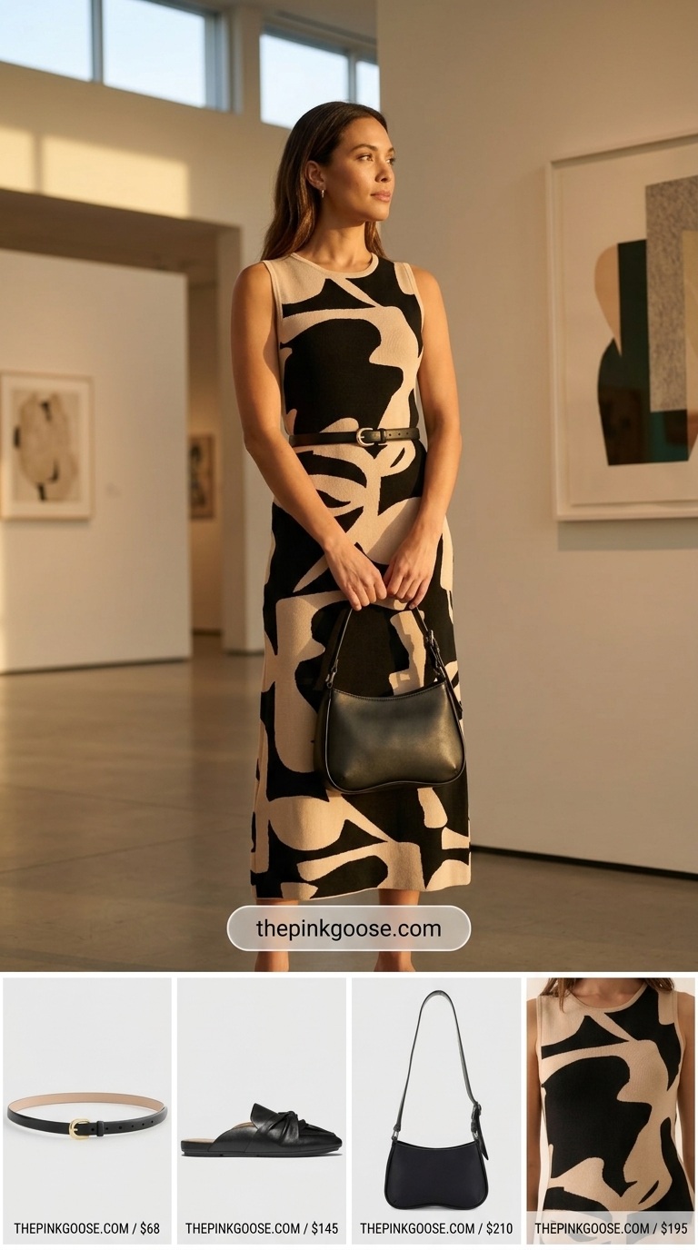 Terracotta abstract print cotton summer sundress 2026 midi with black mules, crossbody bag, and gold earrings for gallery hop.