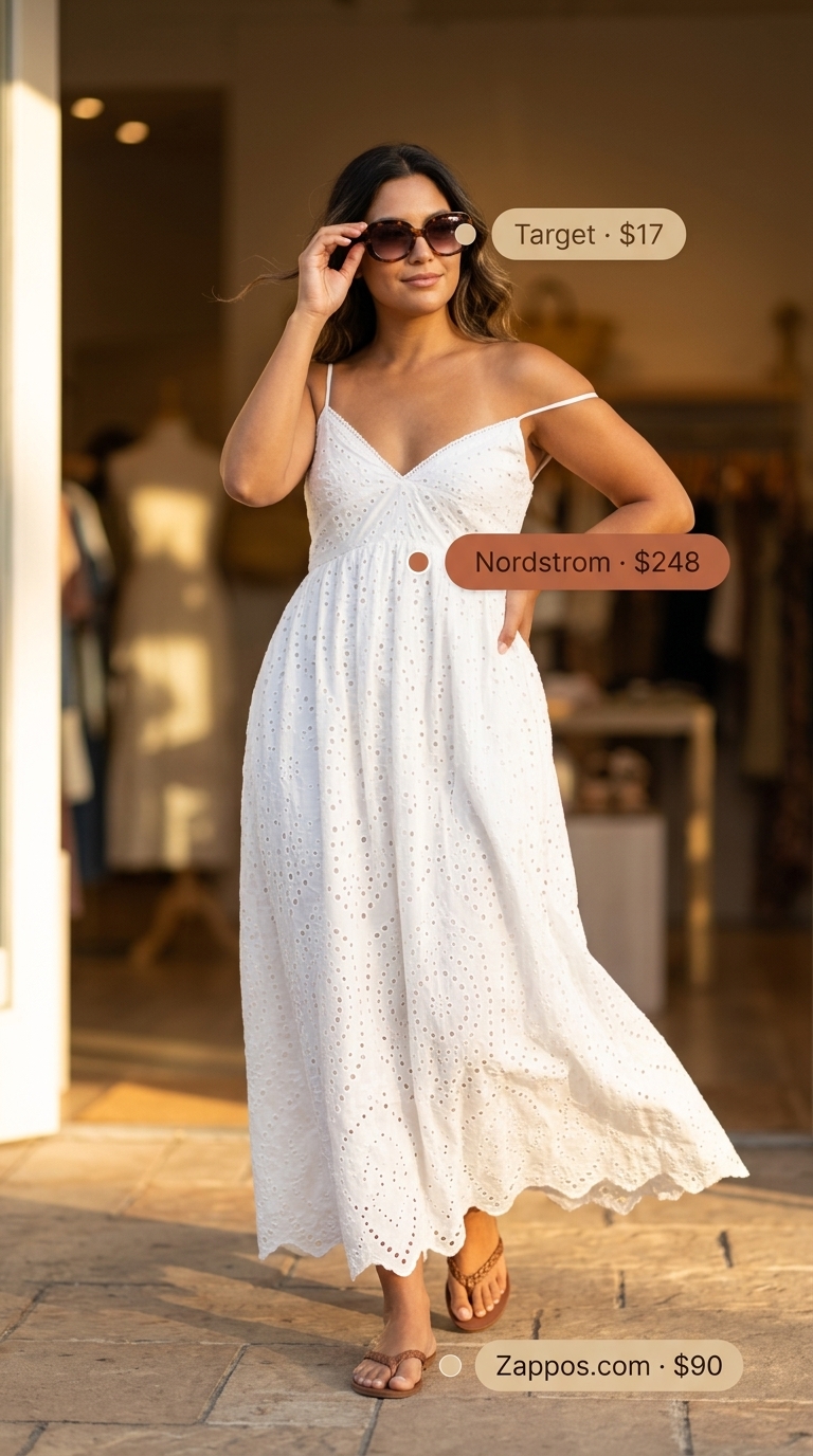 White cotton eyelet maxi cotton summer sundress 2026 with tan sandals, raffia tote, and gold necklace for beach vacation.