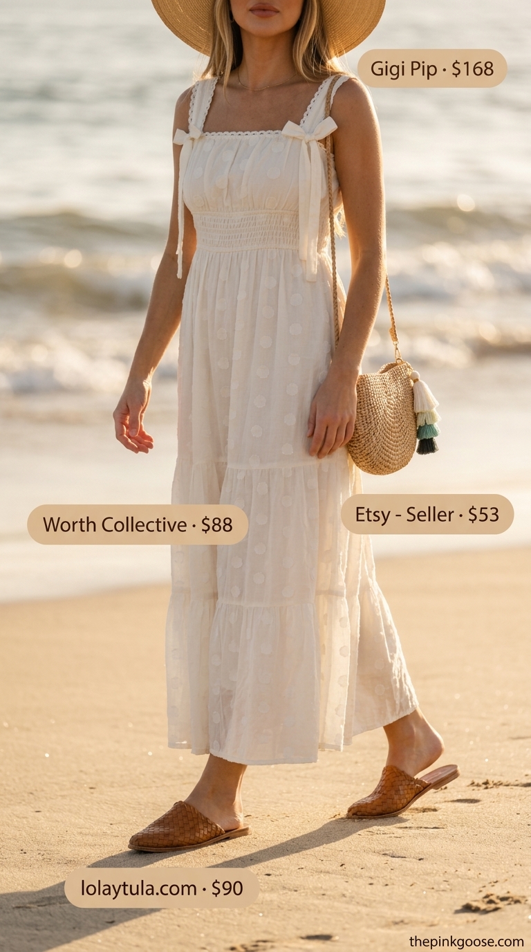 Cream embroidered cotton maxi summer sundress 2026 for a bohemian beach day with straw hat and sandals.