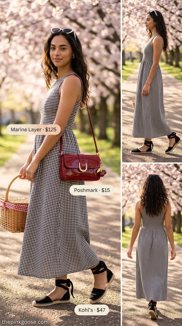 Black and white gingham cotton midi summer sundress 2026 for a picnic with espadrilles and cat-eye sunglasses.