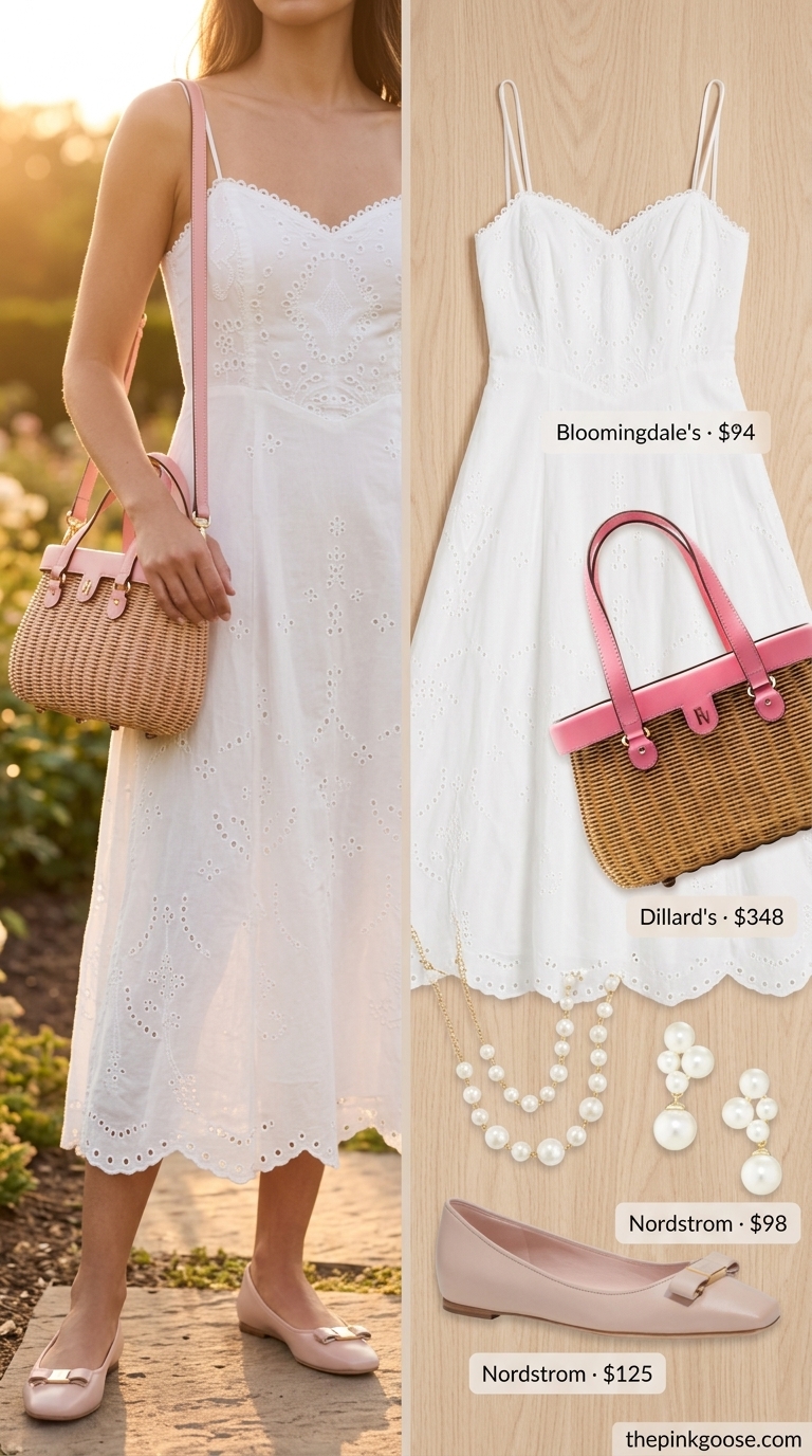 White eyelet lace cotton summer sundress 2026 for a romantic picnic with ballet flats and wicker bag.