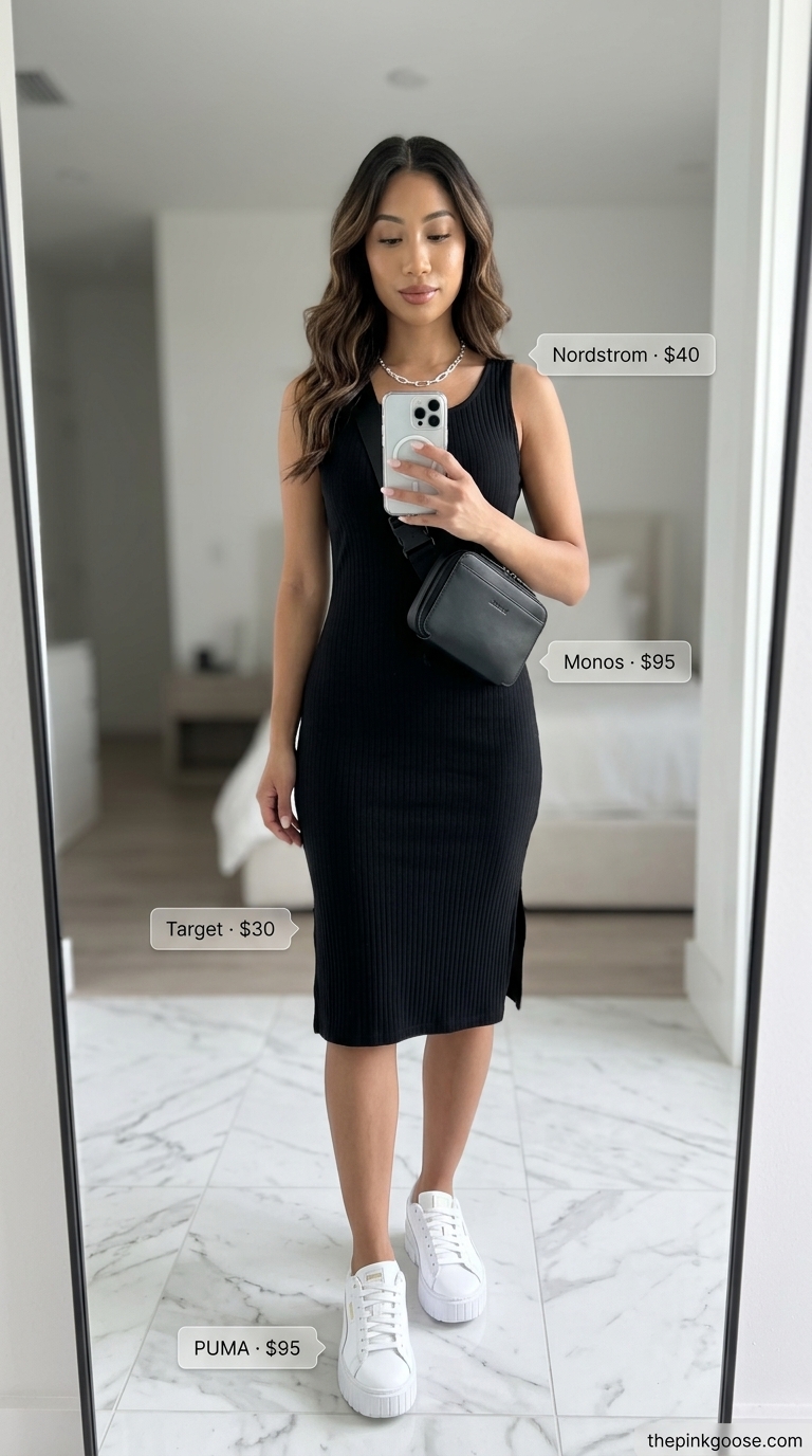 Black cotton jersey tank midi summer sundress 2026 for urban errands with sneakers and belt bag.