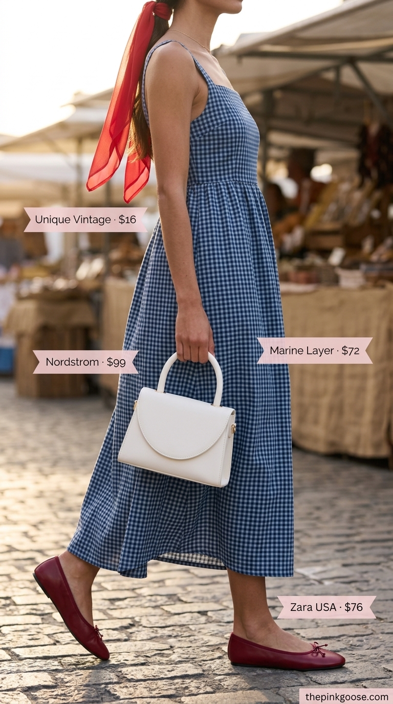 Blue gingham cotton sundress for retro farmers market 2026. Midi dress with red flats and white structured bag.