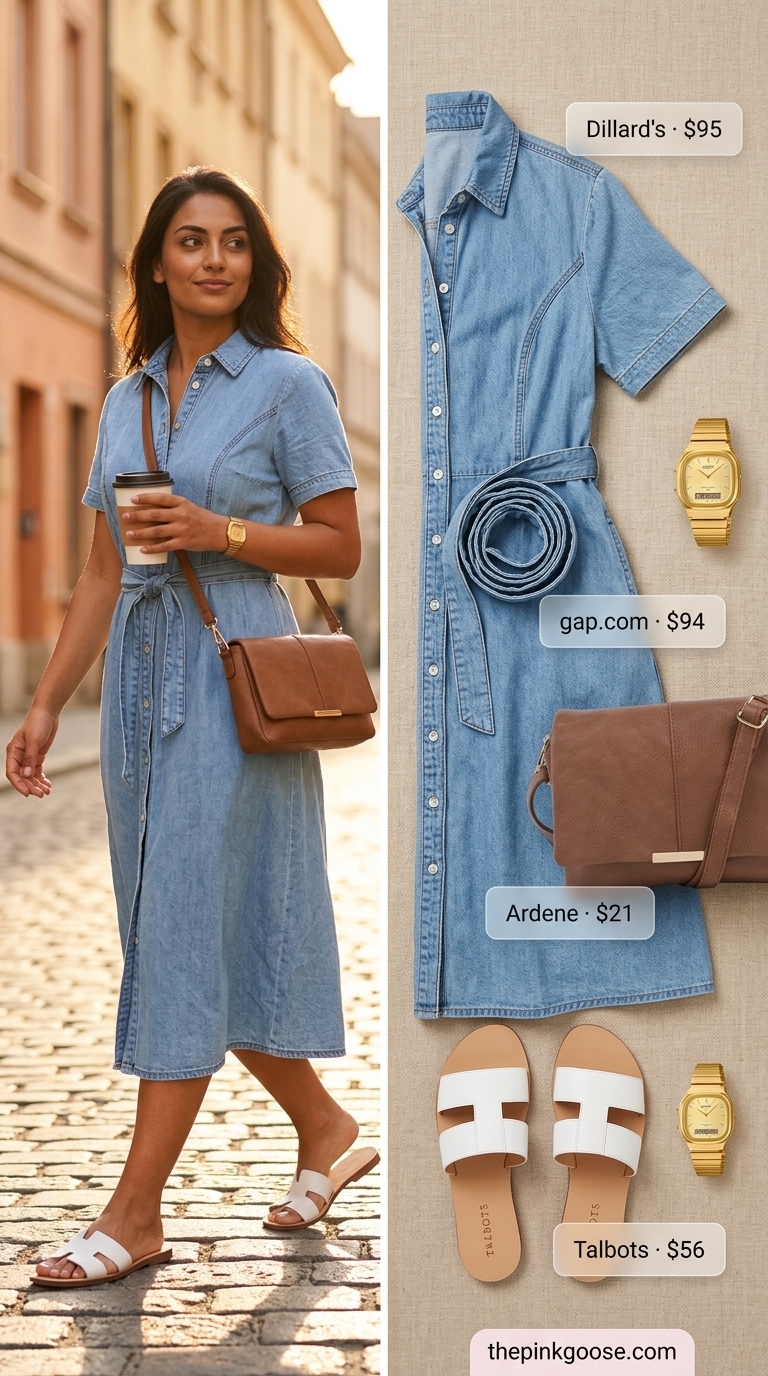 Denim blue cotton chambray summer sundress 2026 for a lakeside picnic with sandals and crossbody bag.