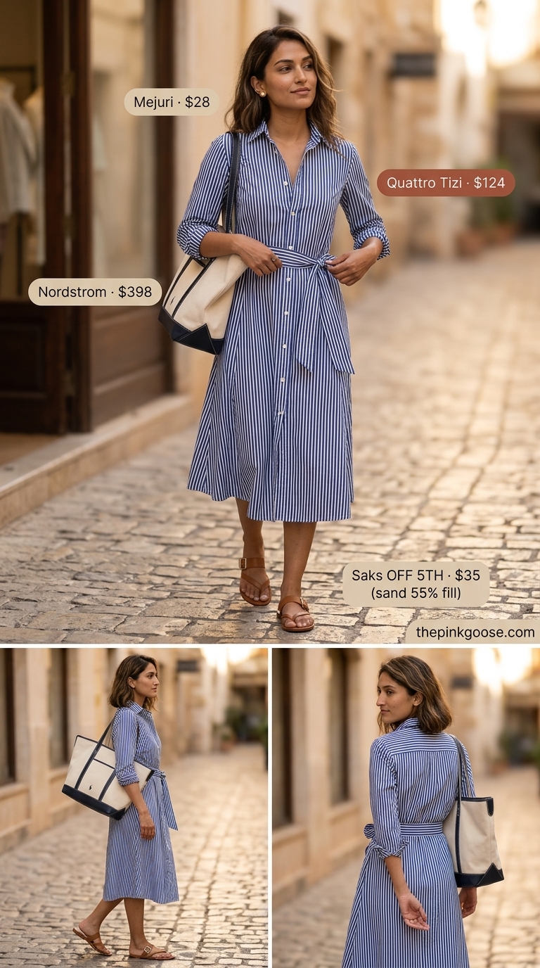 Navy and white striped cotton shirt summer sundress 2026 for a nautical vacation with leather sandals.