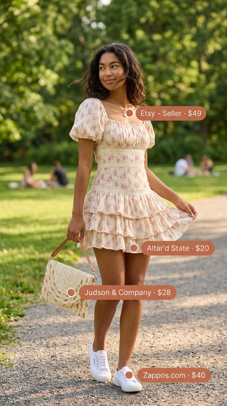 Playful pastel floral cotton sundress for park picnics 2026. Mini dress with puff sleeves, white sneakers, and straw bag.