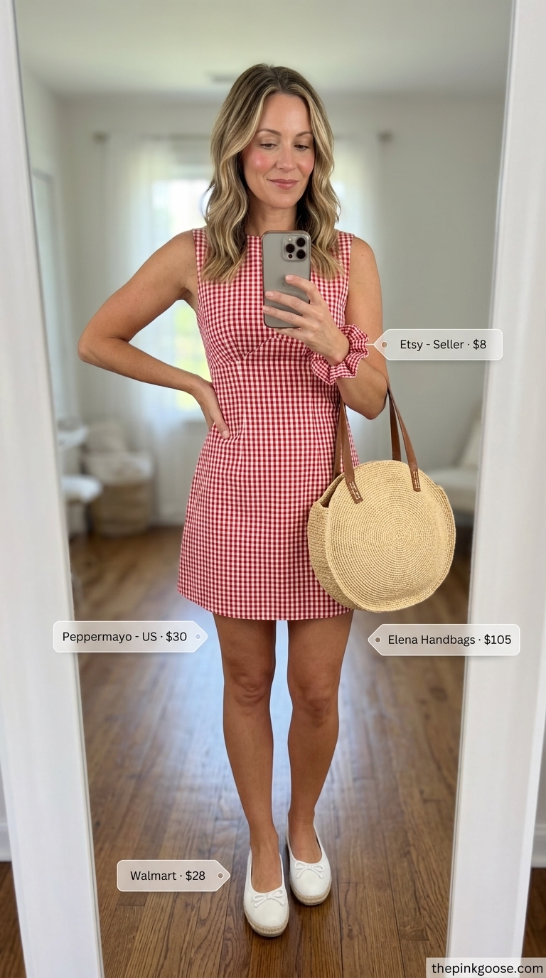 Red gingham cotton mini cotton summer sundress 2026 with square neck, tie straps, white espadrilles, and straw bag for picnic.