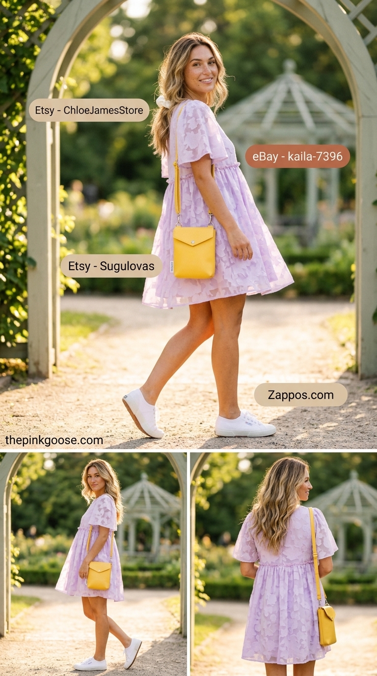 Lavender ditsy floral cotton babydoll mini summer sundress 2026 for a park day with white sneakers.