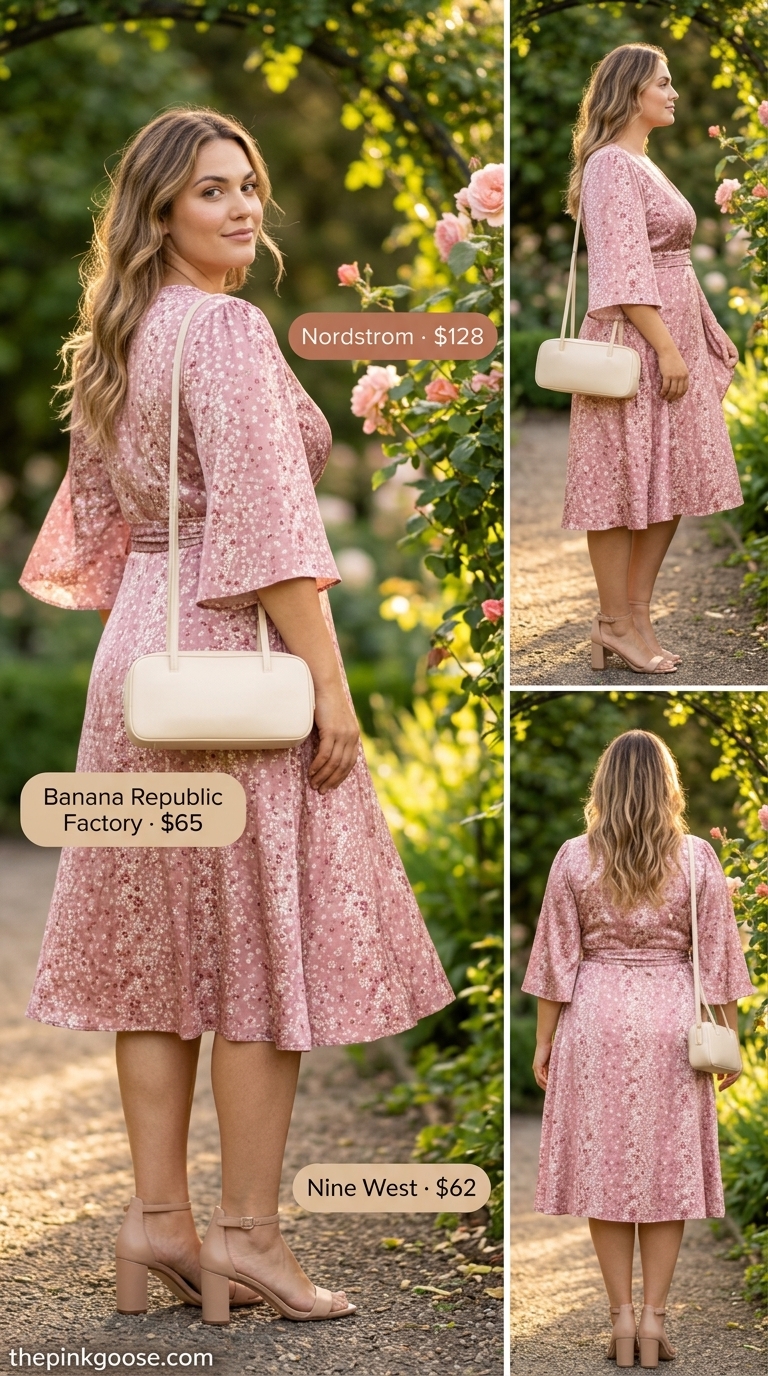 Romantic pink floral cotton sundress for garden party outfits 2026. Elegant midi dress with flutter sleeves, nude sandals, and gold bracelet.