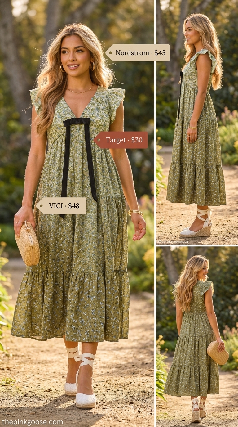 Olive green tiered cotton maxi cotton summer sundress 2026 with espadrille wedges, straw clutch, and gold bangles for safari.