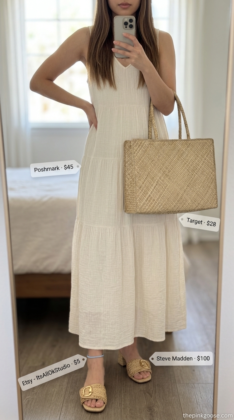 Flowy white cotton gauze maxi summer sundress 2026 for a seaside day with raffia sandals and straw tote.