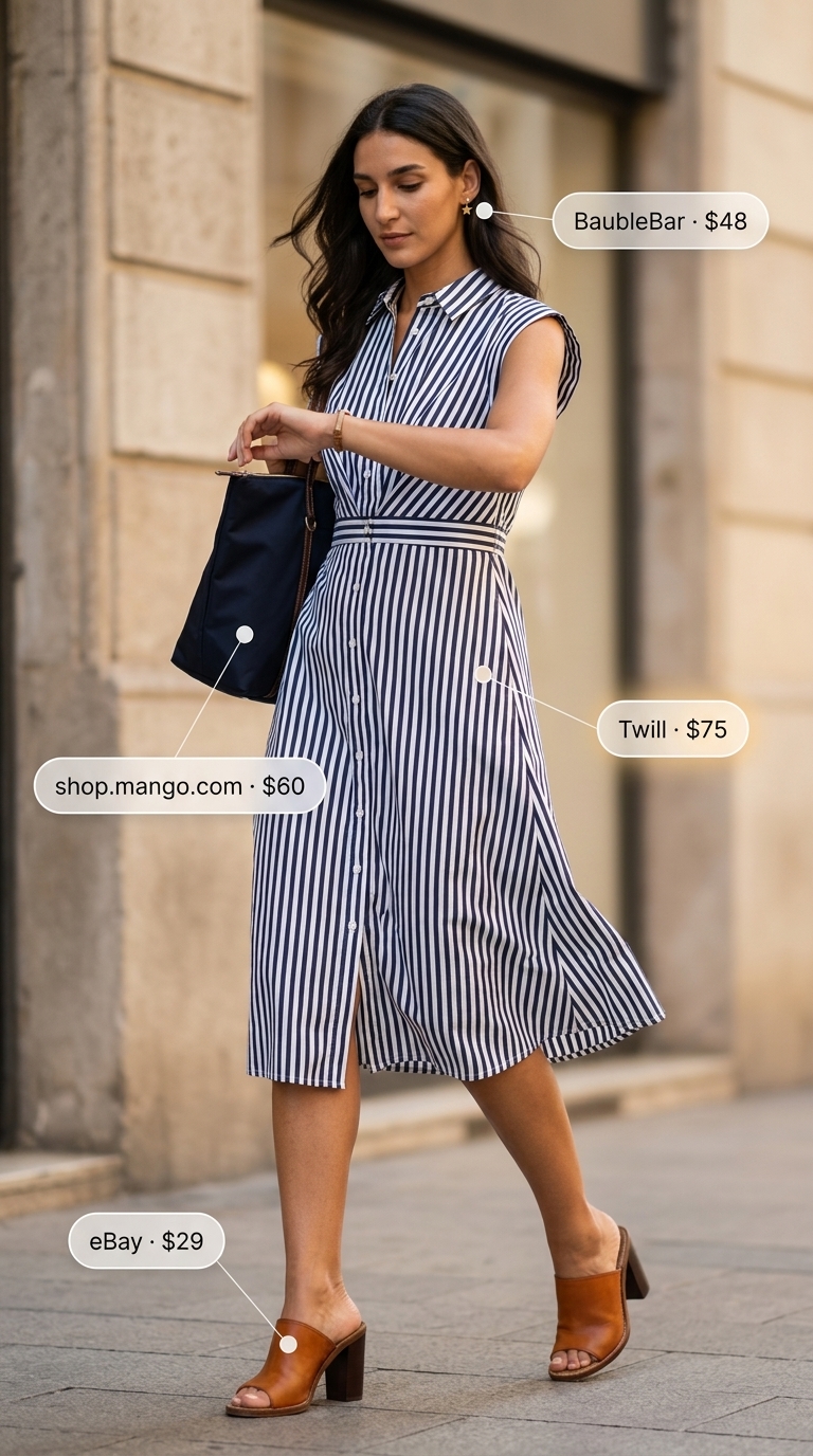 Navy and white striped cotton shirt dress for city brunch 2026. Midi dress with cognac mules and structured tote.