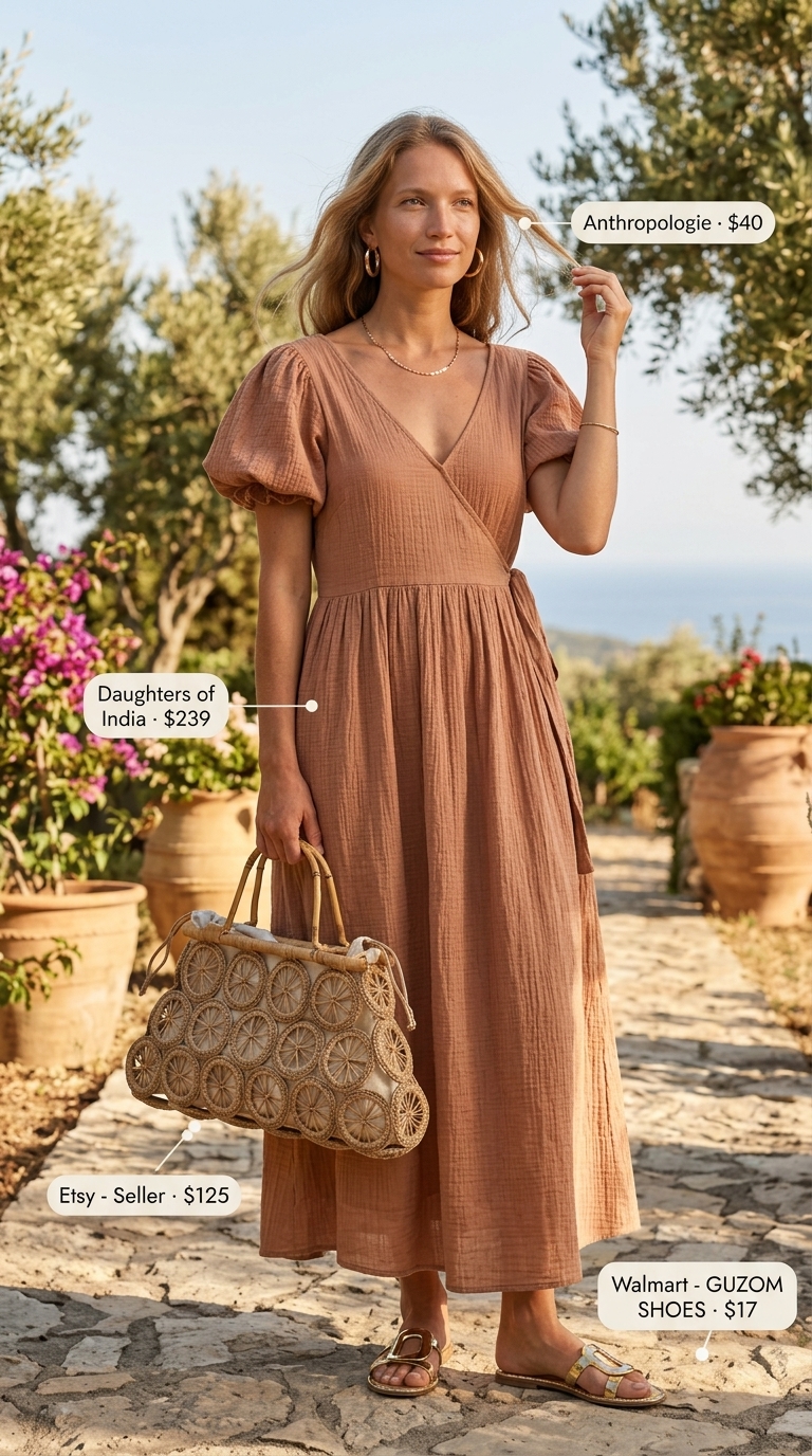Terracotta tiered cotton caftan dress for resort wear 2026. Maxi dress with gold hoops and straw shoulder bag.
