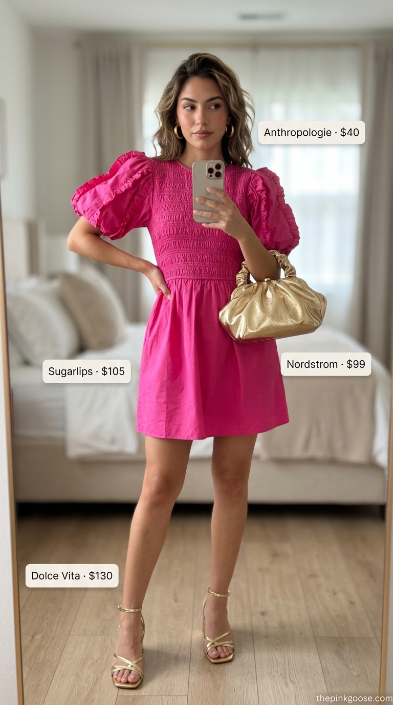 Fuchsia cotton smocked mini cotton summer sundress 2026 with ruffle straps, gold sandals, and clutch for tropical vacation.