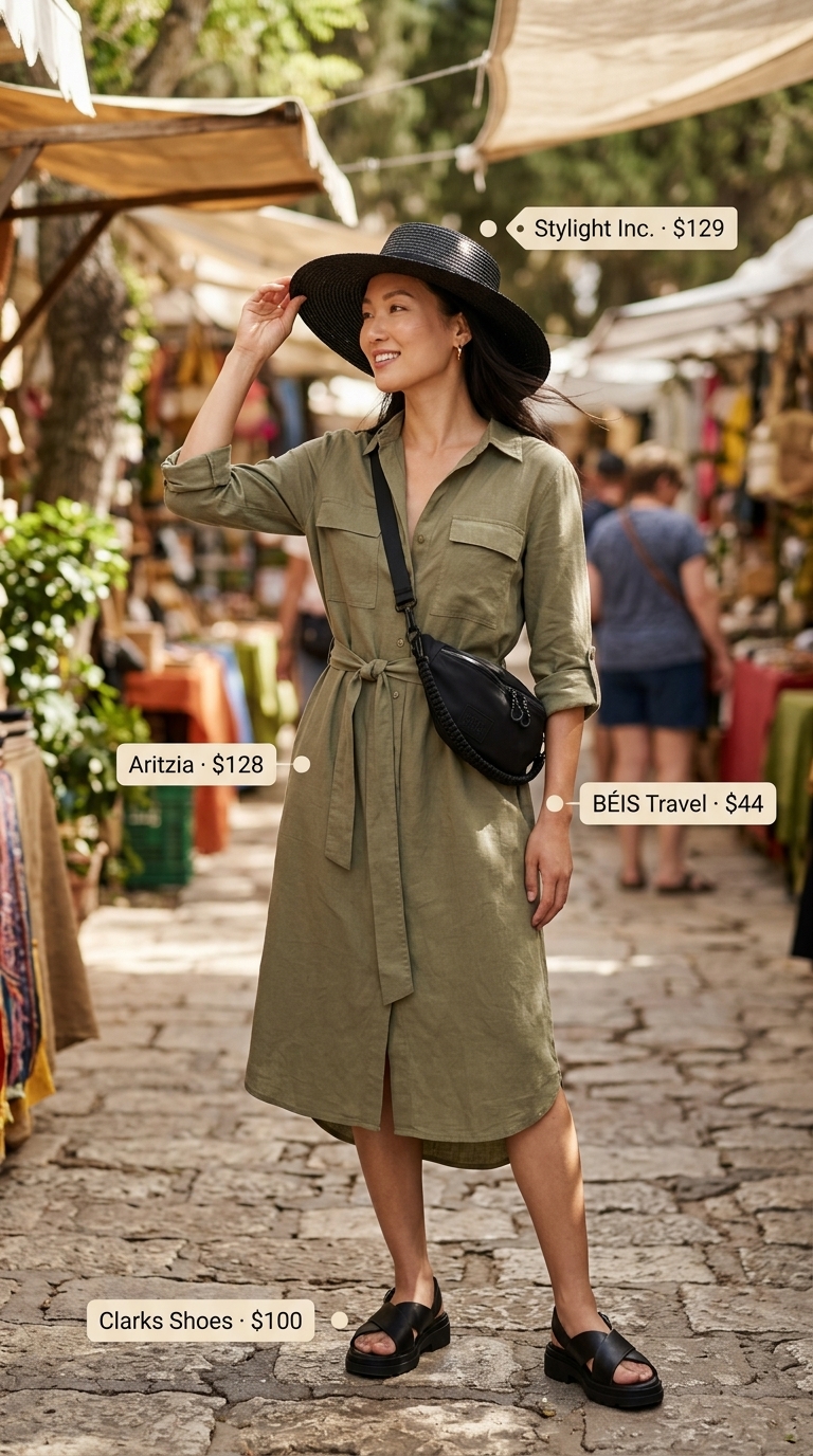 Olive green utility cotton sundress for safari adventures 2026. Midi dress with chunky sandals and straw hat.