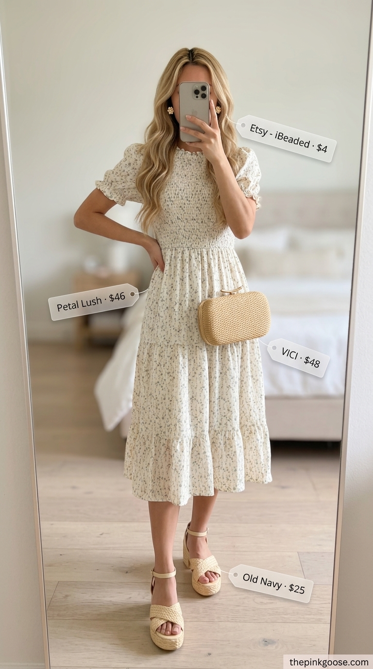 Floral print cotton midi cotton summer sundress 2026 with puff sleeves, espadrilles, and straw clutch for garden party.
