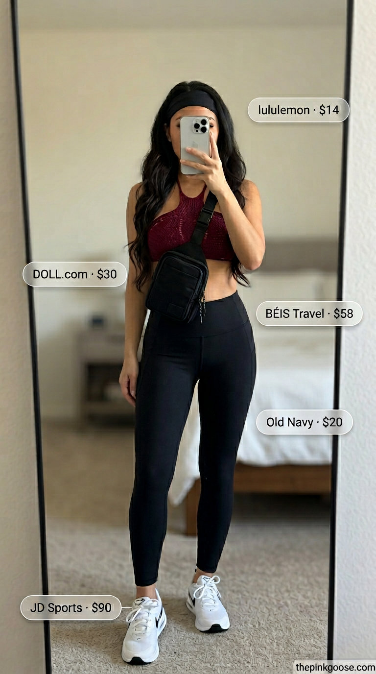 Sporty crochet summer halter top outfits 2026 with leggings, athletic sneakers, and crossbody bag for errands.