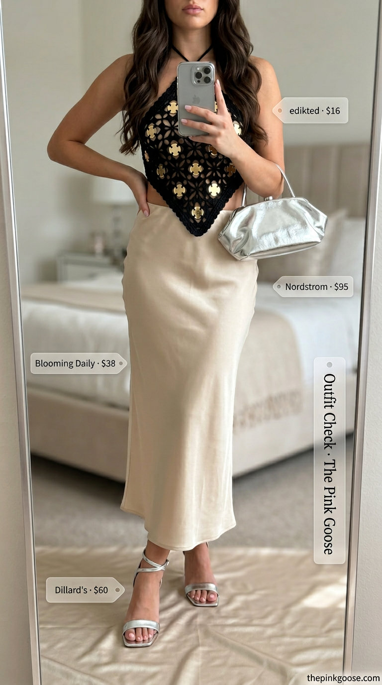 Crochet summer halter top outfits 2026: Black crochet halter with champagne satin skirt for date night.