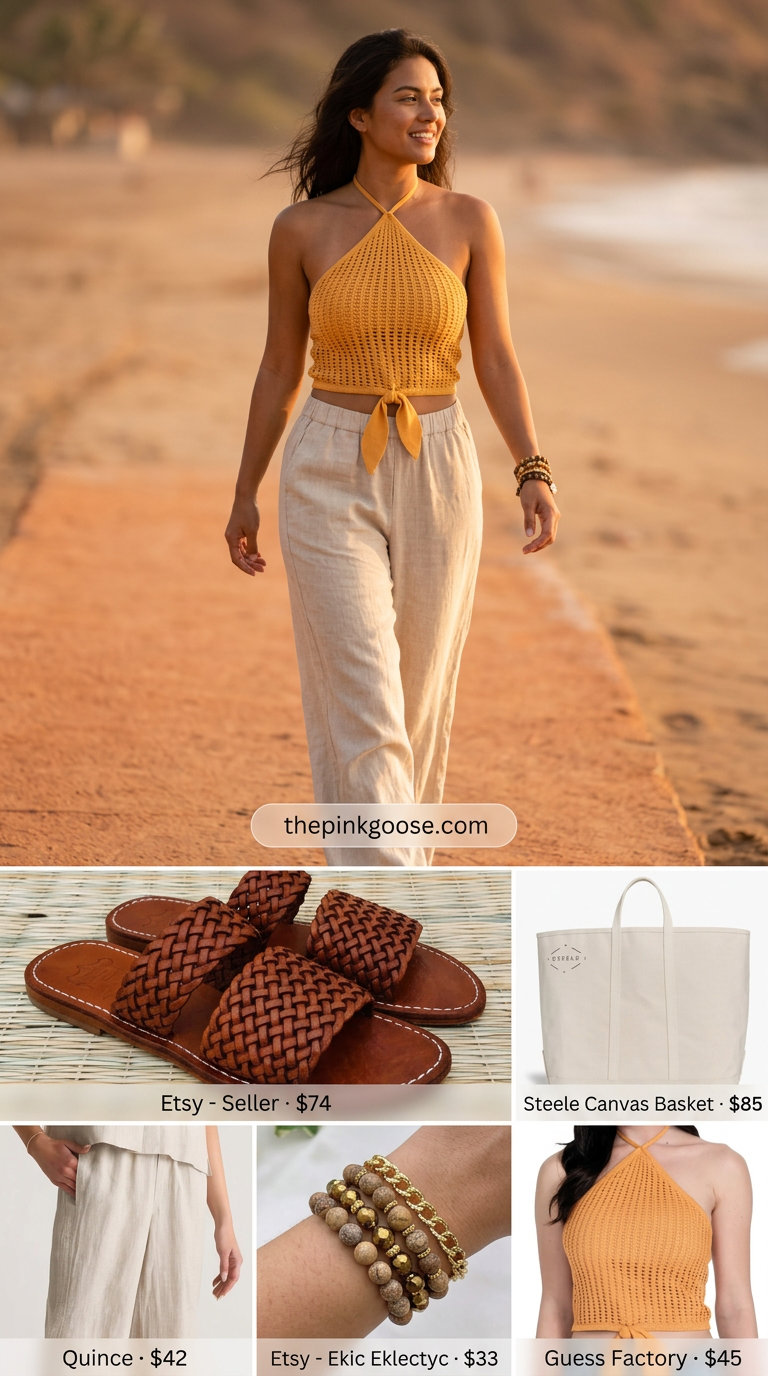 Crochet summer halter top outfits 2026: Terracotta crochet halter with linen pants for boho beach style.