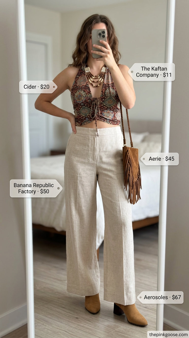 Boho crochet summer halter top outfits 2026 with vibrant print, wide-leg linen pants, and suede boots for festivals.