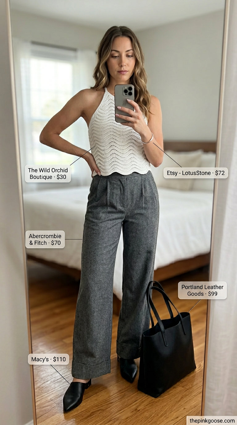 Polished crochet summer halter top outfits 2026 with tailored trousers, mules, and tote bag for city chic.